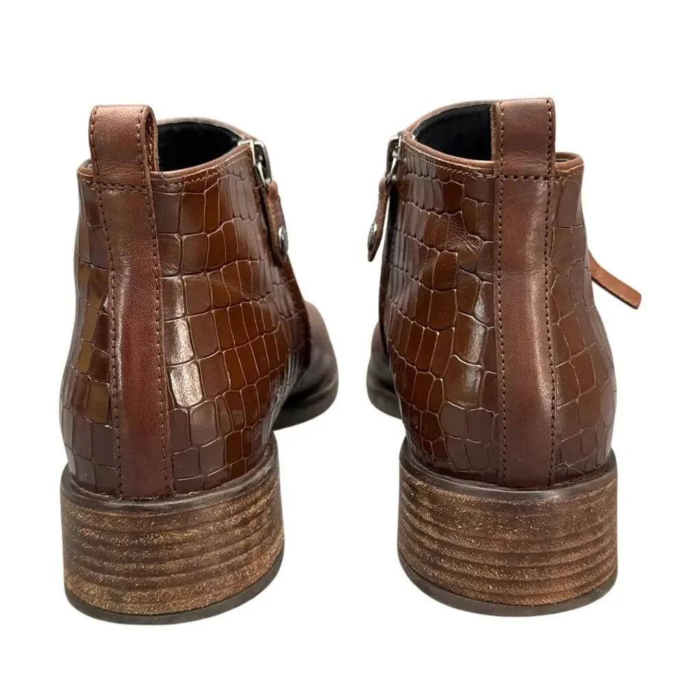 Geox D Resia C Brown Leather Croc Embossed Block Heel Ankle Boot Women 38/7.5-8